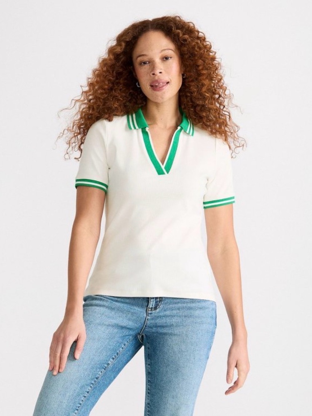 Lands’ End Ribbed Polo Top Women’s Large White Green Trim Preppy Golf Tennis
